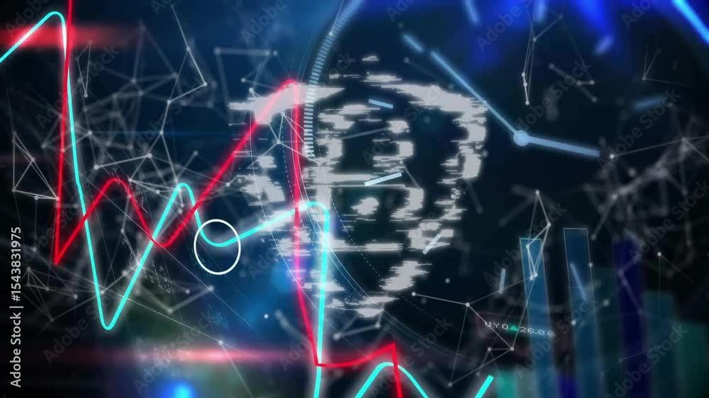 Poster neon lines sweeping globe tracing waveforms, forming glitching shield locking to secure data graphs