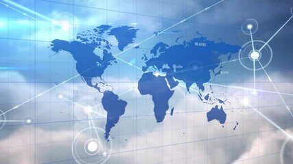 Upon starting digital world map firing data beams linking pulsing nodes showing network growth - Powered by Adobe