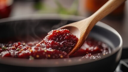A vibrant and thick red sauce simmers in a pan, releasing steam and enticing aromas; perfect for enhancing various dishes with its rich flavor and color.