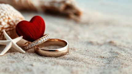 Two wedding rings and a red heart shaped object rest on soft beach sand alongside seashells, symbolizing love, commitment, and the beauty of memorable moments shared by couples.