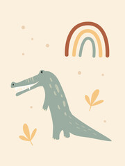 This unique boho crocodile poster adds charm to a nursery with its playful design, featuring a friendly crocodile near a rainbow and colorful leaves, perfect for inspiring imagination.