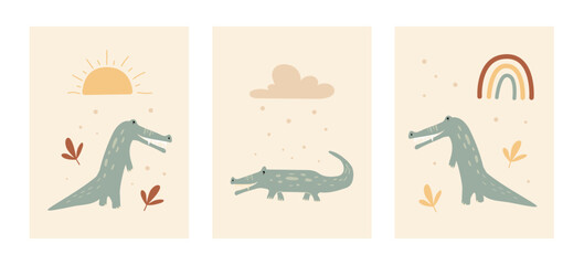 Brighten up a child's room with this set of boho crocodile posters. Each design showcases friendly crocodiles surrounded by nature elements, perfect for nursery decor.