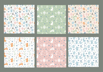 Сollection of various seamless patterns celebrating Easter, including playful bunnies, colorful eggs, and blooming flowers. Perfect for creating festive decorations and crafts.