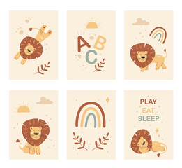 This nursery wall art collection presents adorable lion illustrations suited for children's rooms. Features fun elements like the alphabet, rainbows, and motivational phrases in soft colors.