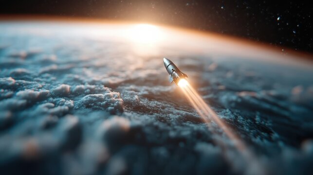 A powerful rocket igniting and ascending toward the cosmos, symbolizing exploration, adventure, and humanity's quest to understand the universe's mysteries.