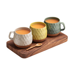 Three textured mugs with warm drinks on wooden tray