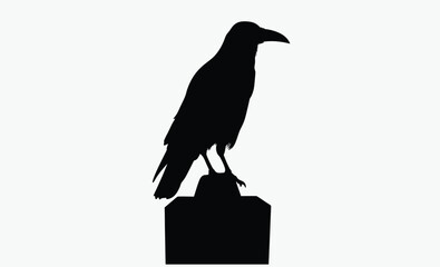 Raven on tombstone, Halloween grave marker, spooky silhouette bird, classic black vector, on white background