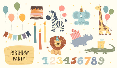 Festive elements for a safari-themed birthday party include colorful balloons, playful animals like a lion and giraffe, candles, a cake, and vibrant gift boxes, creating a joyful atmosphere.
