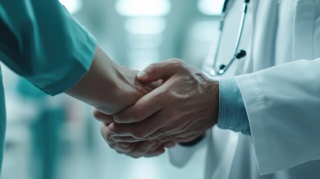 Two medical professionals share a compassionate handshake, reflecting the importance of human connection and empathy within the healthcare profession and patient care. - Powered by Adobe