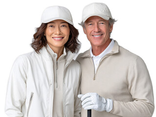 Harmonious Couple in Golf Attire: A cheerful couple, radiating warmth and sophistication, posed ready for a day of leisure, exuding a sense of ease and camaraderie in their coordinated outfits.