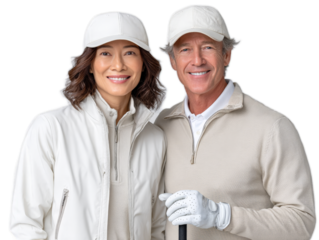 Harmonious Couple in Golf Attire: A cheerful couple, radiating warmth and sophistication, posed ready for a day of leisure, exuding a sense of ease and camaraderie in their coordinated outfits.