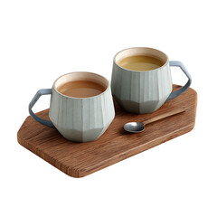 Two cups of coffee on a wooden tray.