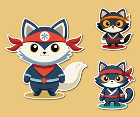 A bundle of stickers cute ninja cat in Various poses vector illustration 