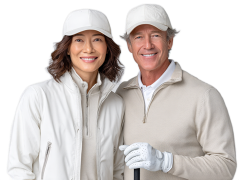 Harmonious Couple in Golf Attire: A cheerful couple, radiating warmth and sophistication, posed ready for a day of leisure, exuding a sense of ease and camaraderie in their coordinated outfits.
