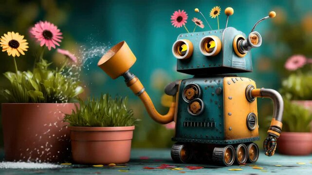A small robot with a blue and yellow body, equipped with a watering can instead of one hand, watering potted plants