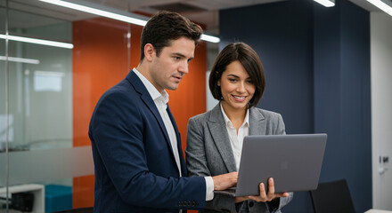 Two business colleagues working together on a laptop. Teamwork and collaboration in a corporate setting.