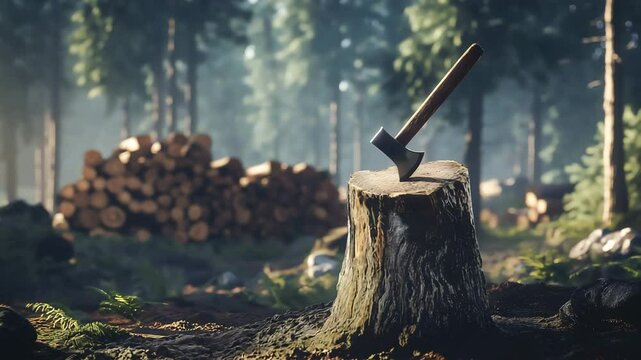 A tree stump with axe in it, large stacks of timber logs nearby in the forest, Deforestation, Ecology and environment conservation concept	