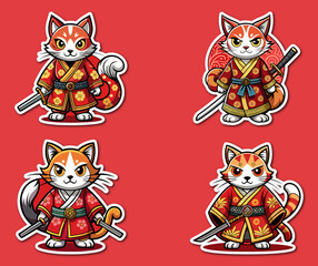 Fototapeta premium A bundle of stickers cute ninja cat. Cartoon Cats Dressed as Samurai Warriors with Swords on a Red Background 
