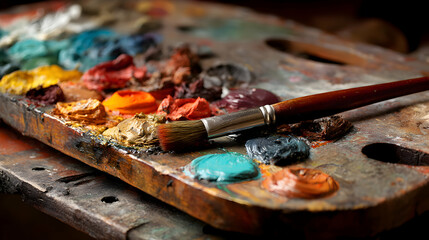 Palette with Paintbrush Colorful Oil Paints on Wood Palette Ready for Artistic Expression