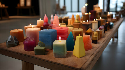 Candles Collection Colorful Geometric Handmade Candles Lit on Table Decorative Candles Grouped for Interior Design Home Decor