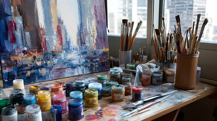 Artist's Studio Cityscape Painting Colorful Paints and Brushes Near the Window Creating Art