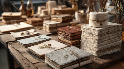 Handmade Paper Stacks Tied with Twine Vintage Style Paper Bundles on Rustic Wood Table
