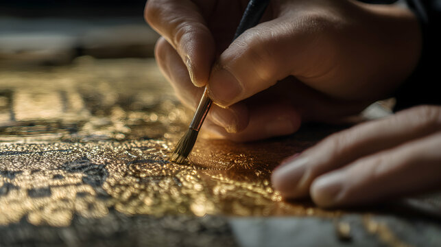 Gilding Process Fine Art Craft Hands Detail with Brush Applying Gold Leaf for Restoration Decorative Design