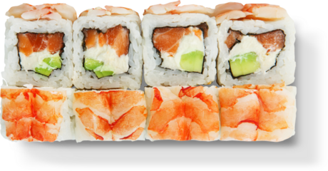 A visually appealing arrangement of sushi rolls featuring salmon, avocado, and cream cheese, perfect for a delicious meal.