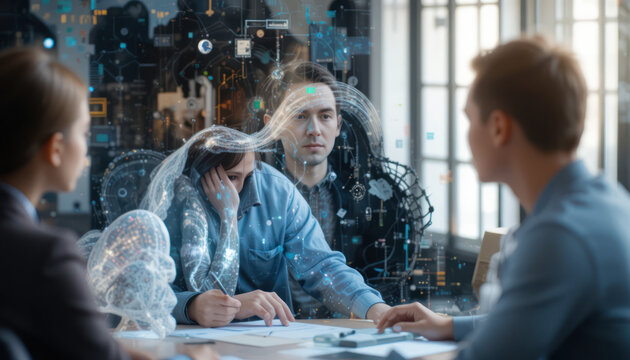 A group of people in a meeting, with digital overlay and focused expressions.