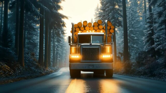 A large logging truck is transporting load of cut timber logs through the road in forest. Deforestation, Ecology and environment conservation concept