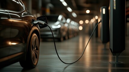 An elegant electric car is depicted charging in a modern garage environment, symbolizing the future of transportation and sustainability in automotive technology.