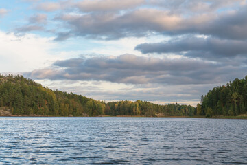 Lake Ladoga near the village Lumivaara on a sunny autumn day, Ladoga skerries, Lakhdenpokhya, Republic of Karelia, Russia