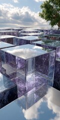 Abstract Glass Cubes Landscape  Modern Architecture  Sky Reflection  3D Render