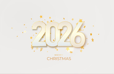 2026 gold metal number for New Year . Festive Christmas banner with falling confetti on bright background. Realistic Golden 3d number. Vector