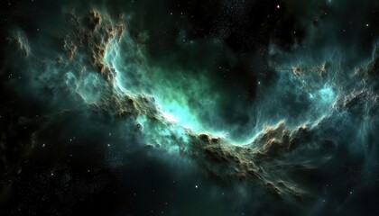 Fototapeta premium ethereal teal nebula cloud with glowing cosmic light and bright stars in deep space, perfect for sci-fi web design, fantasy print, or cosmic branding concept