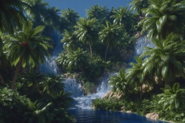 Fototapeta premium Lush Tropical Paradise Waterfall Palm Trees Rainforest Nature Scene