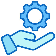 Technical Support - Blue Fill Outline Icon - open hand holding a gear, representing technical support, system service, or process management assistance