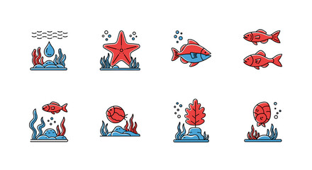 Fototapeta premium Ocean life clip art featuring fish starfish coral and seaweed vector illustration underwater sea creatures design