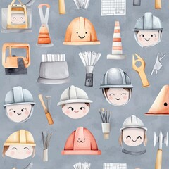 A cheerful watercolor pattern featuring construction workers and tools