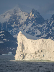 Landscape with icebergs at the coast in northwest South Georgia. Antarctica, Subantarctic, South Georgia.