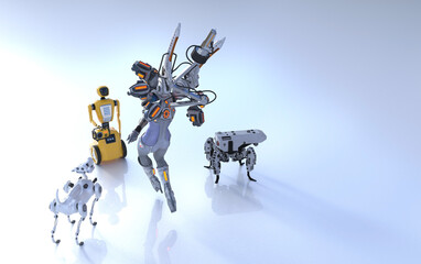 Three modern robots, a robotic dog, crab and humanoid with flying engines, face off a retro robot meant for restaurant serving. Concept of technology development. 3D illustration. 