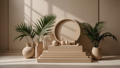 Fototapeta premium Minimalist Plant Display: Serene Tropical Vibes on Neutral Podiums