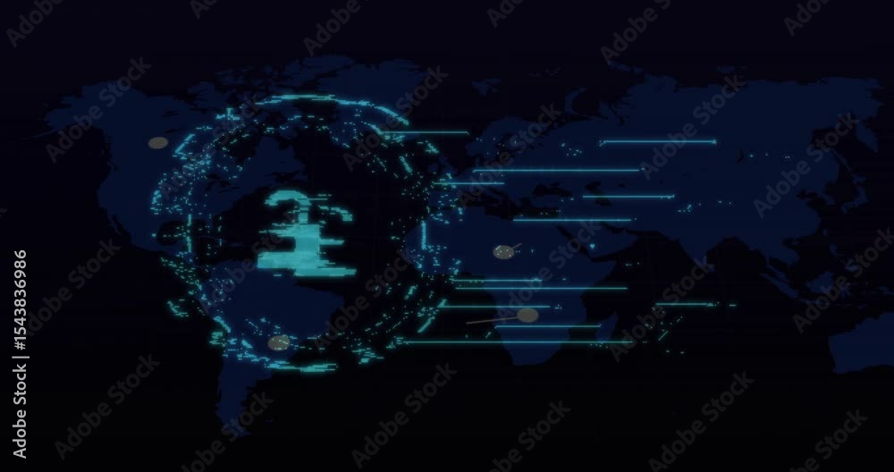 Poster map filling frame, padlock icon rotating in scanning ring, linking data nodes securing network