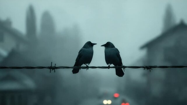 Two crows perched on barbed wire in a foggy urban landscape, car lights blur in the background.