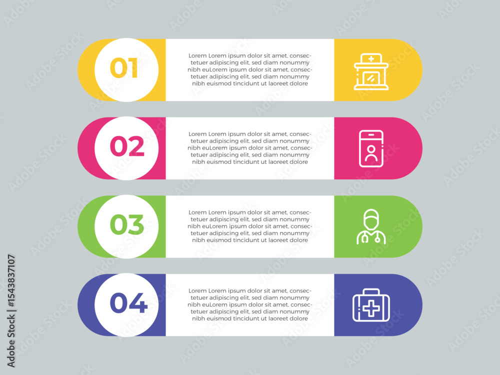 Poster kwl chart infographic 4 point with round box and circle badge on center with horizontal direction fo