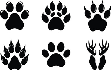 Animal paw print silhouettes set in black vector style with seamless patterns and footprints for pet and wildlife design