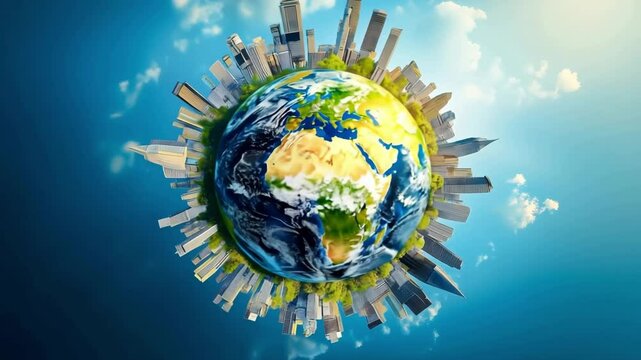 Top view of the planet earth, with building all around it, Miniature city cityscape around globe, 3d rendering	