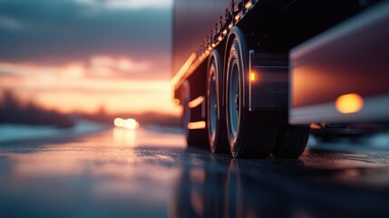 A close-up view of a truck's wheel on a slick, reflective road at sunset, illustrating the themes of journey and industrial strength in a dynamic urban environment.