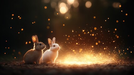 Two adorable rabbits are captured in a magical setting filled with shimmering light, embodying innocence, joy, and the enchanting beauty of nature's wonders.
