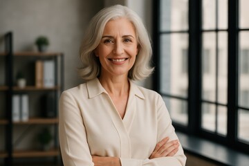A smiling, elegant middle-aged European business woman stands in a modern office, looking confidently at the camera, exuding professionalism and leadership.

